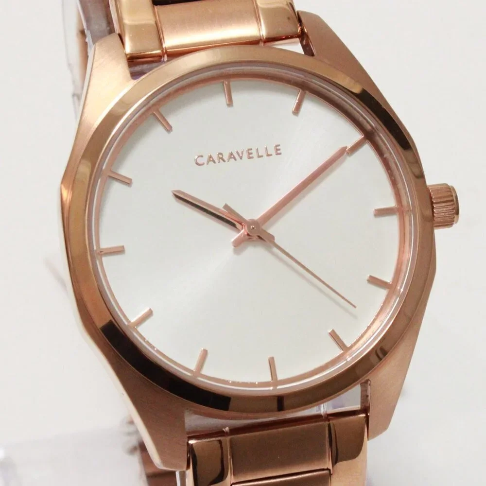 Caravelle Ladies Minimalist Watch By Bulova Rose Gold White Sun-ray Dial 36mm